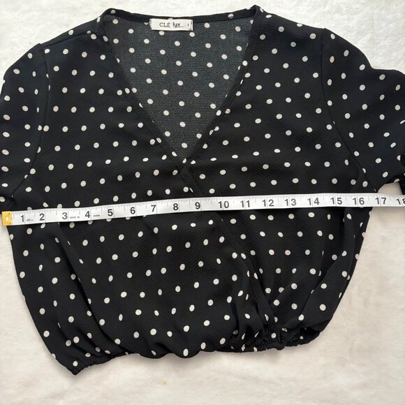 Black Polka Dot Wrap Crop Top Blouse W/ Ruffled Bell Sleeves By Clé Luv- Size S - Picture 7 of 13